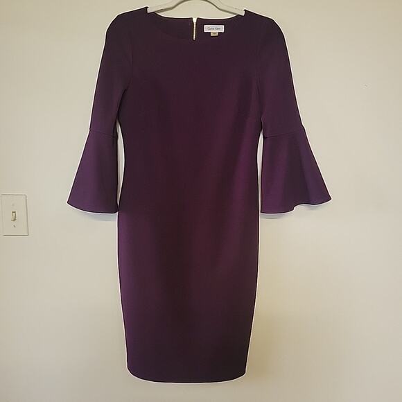 Calvin Klein Dresses & Skirts - Calvin Klein Purple Midi Body Con Dress Bell 3/4 Sleeves Wedding Guest Size 6